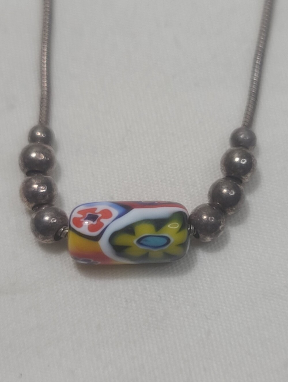 ATI 925 Sterling Silver Italy Multicolor Millefiori Glass Bead Necklace